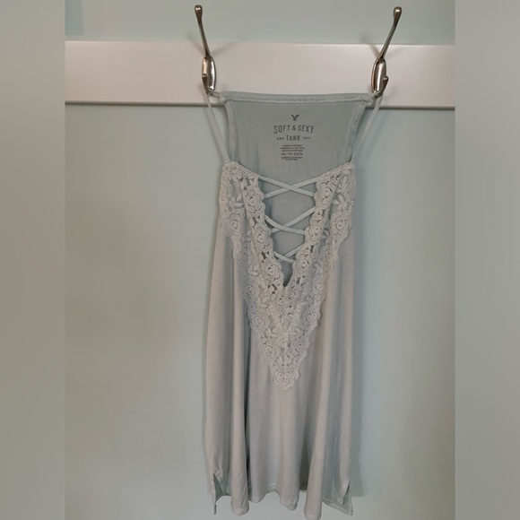 American Eagle Dainty Soft Teal Tank Top Lace Front - Picture 9 of 10